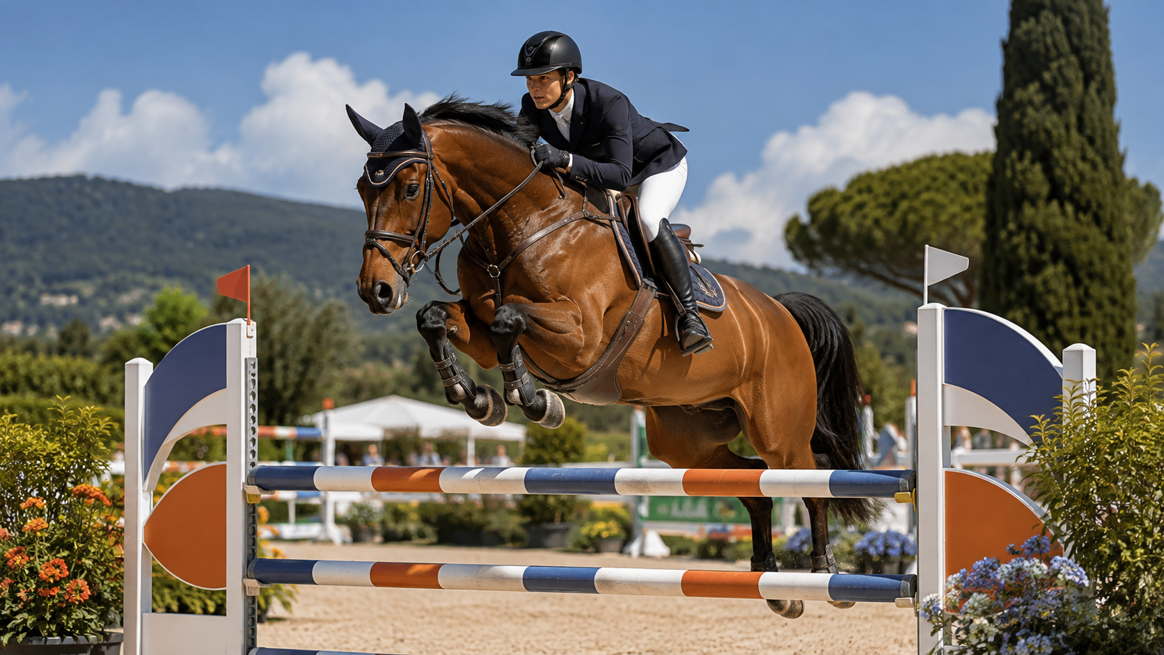 Conjunto de salto transpondo um obstáculo em uma pista de hipismo, com a arquibancada e a vegetação ao fundo.